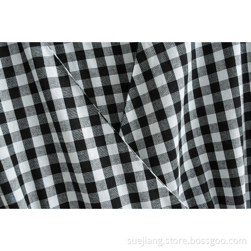 Women New Black White Plaid Lace-up Dress